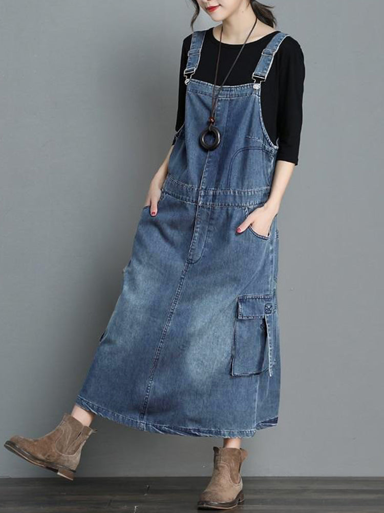 SUNA Kvinders Denim Overall Kjole – Løs Pasform og Komfort – Denim Kjole, Vintage Stil, Høj Kvalitet, Casual Mode