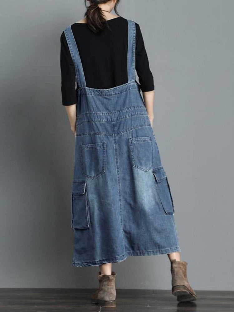 SUNA Kvinders Denim Overall Kjole – Løs Pasform og Komfort – Denim Kjole, Vintage Stil, Høj Kvalitet, Casual Mode