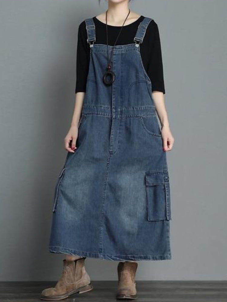 SUNA Kvinders Denim Overall Kjole – Løs Pasform og Komfort – Denim Kjole, Vintage Stil, Høj Kvalitet, Casual Mode Mørk Blå