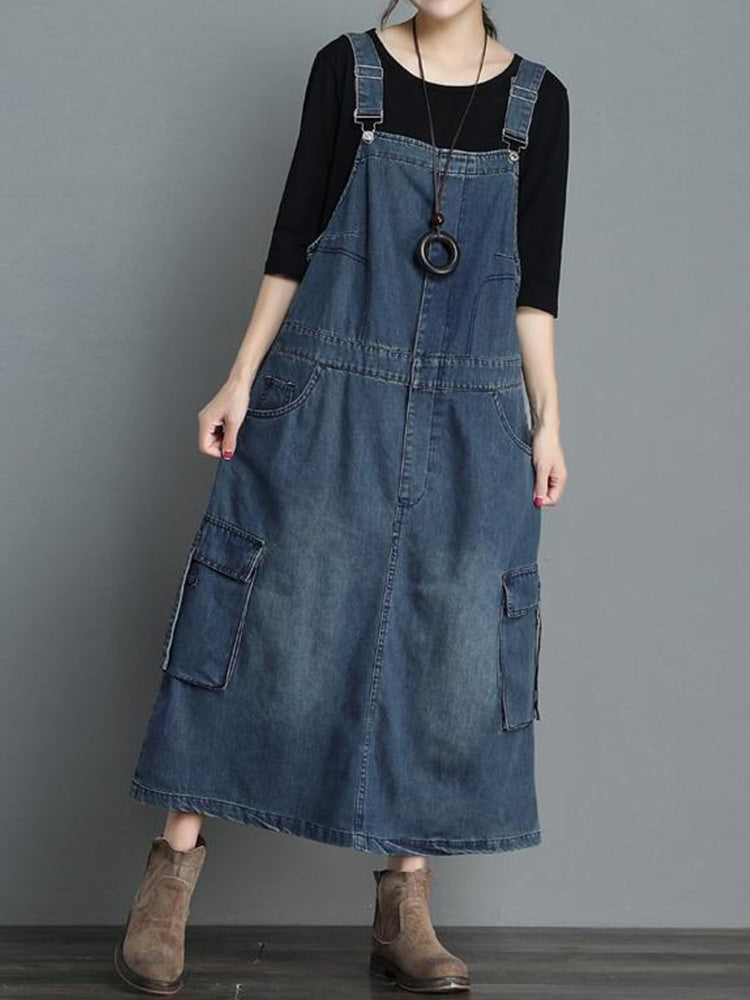 SUNA Kvinders Denim Overall Kjole – Løs Pasform og Komfort – Denim Kjole, Vintage Stil, Høj Kvalitet, Casual Mode