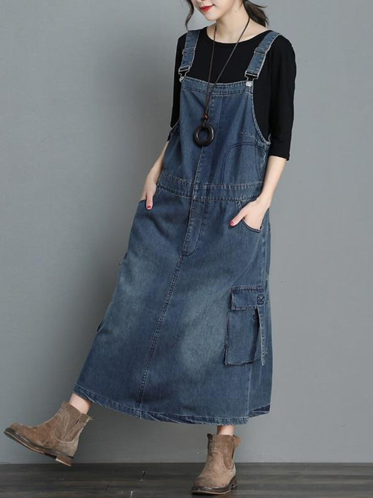 SUNA Kvinders Denim Overall Kjole – Løs Pasform og Komfort – Denim Kjole, Vintage Stil, Høj Kvalitet, Casual Mode