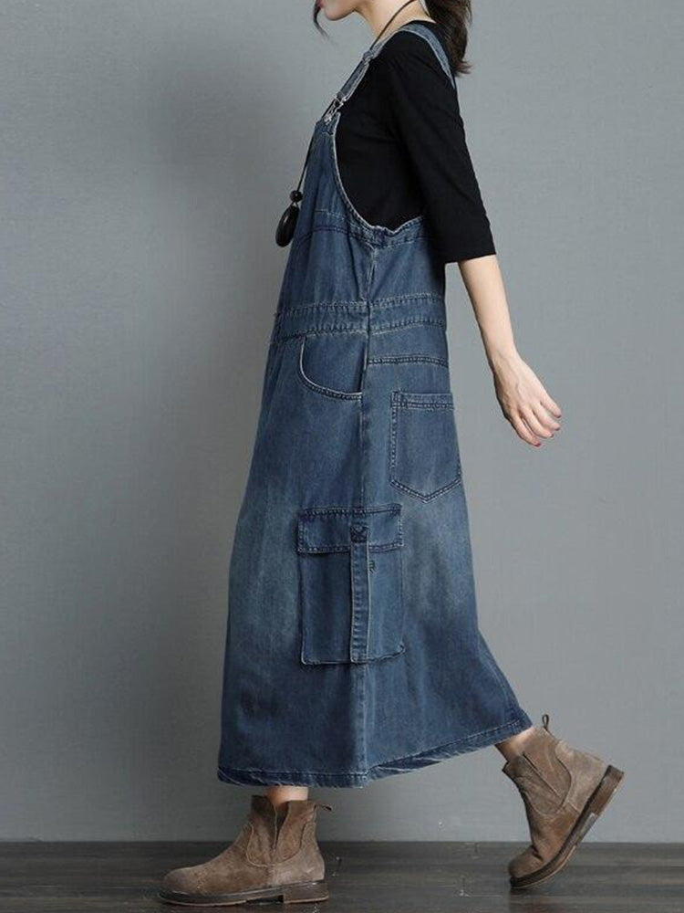 SUNA Kvinders Denim Overall Kjole – Løs Pasform og Komfort – Denim Kjole, Vintage Stil, Høj Kvalitet, Casual Mode