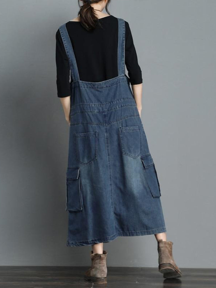 SUNA Kvinders Denim Overall Kjole – Løs Pasform og Komfort – Denim Kjole, Vintage Stil, Høj Kvalitet, Casual Mode
