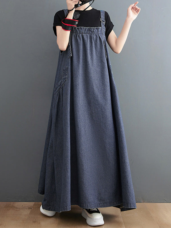 SUNA Kvinders Denim Overall Kjole – Løs Pasform med Elegant Design - Denimkjole, Løs Pasform, Komfortabel Beklædning Mørk Blå