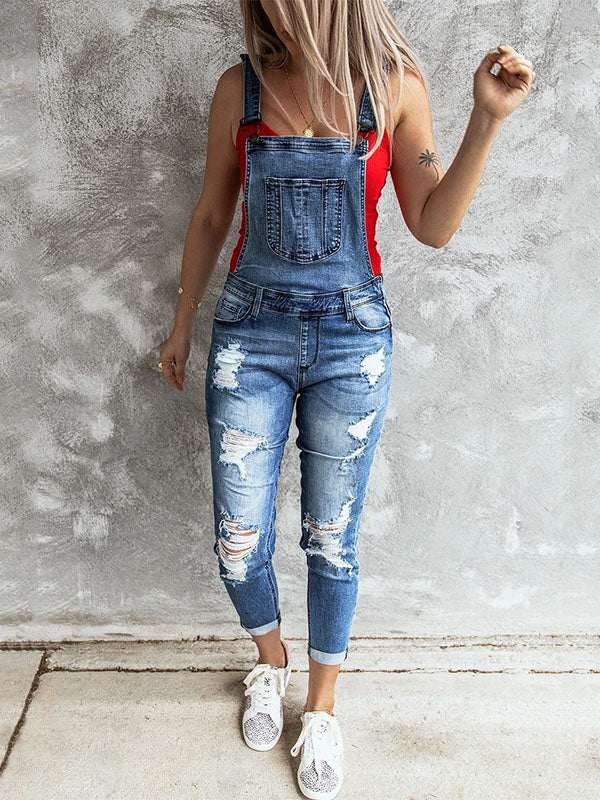 SUNA Kvinders Skinny Overalls Denim – Trendy Distressed Design – Tætsiddende Denim Overalls til Hverdag og Fest Mellem Blå