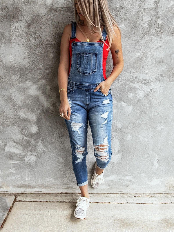 SUNA Kvinders Skinny Overalls Denim – Trendy Distressed Design – Tætsiddende Denim Overalls til Hverdag og Fest