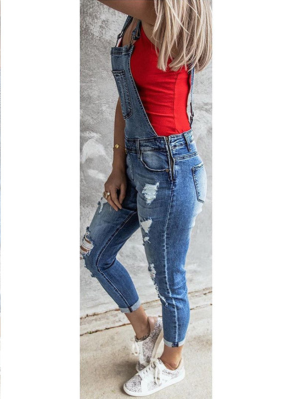 SUNA Kvinders Skinny Overalls Denim – Trendy Distressed Design – Tætsiddende Denim Overalls til Hverdag og Fest