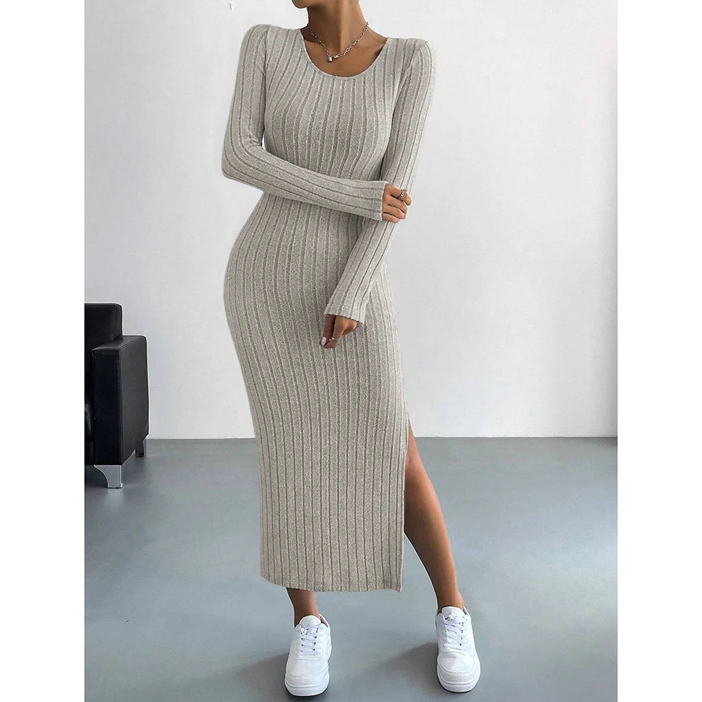 SUNA Kvinders Sort Lang Kjole Strik U-Hals – Elegant Design med Elastisk Pasform – Maxi Kjole til Hverdag og Fest