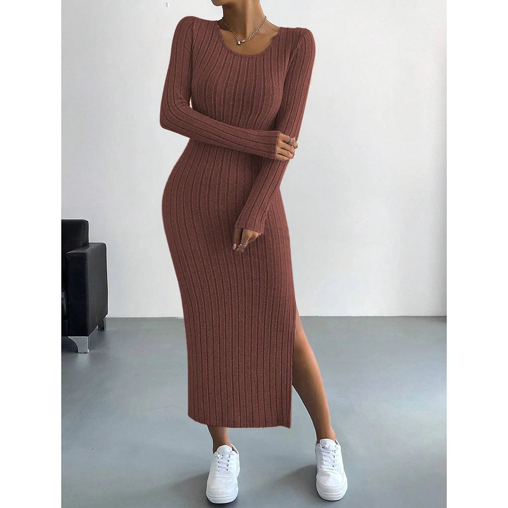 SUNA Kvinders Sort Lang Kjole Strik U-Hals – Elegant Design med Elastisk Pasform – Maxi Kjole til Hverdag og Fest