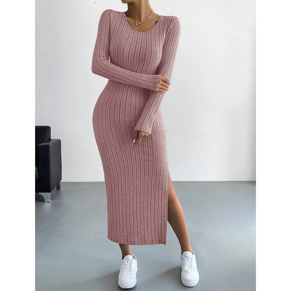 SUNA Kvinders Sort Lang Kjole Strik U-Hals – Elegant Design med Elastisk Pasform – Maxi Kjole til Hverdag og Fest