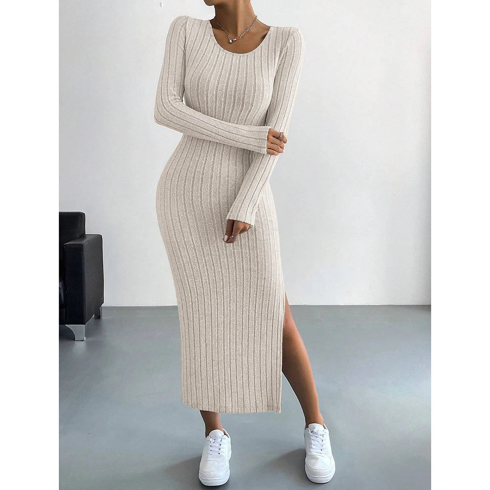 SUNA Kvinders Sort Lang Kjole Strik U-Hals – Elegant Design med Elastisk Pasform – Maxi Kjole til Hverdag og Fest