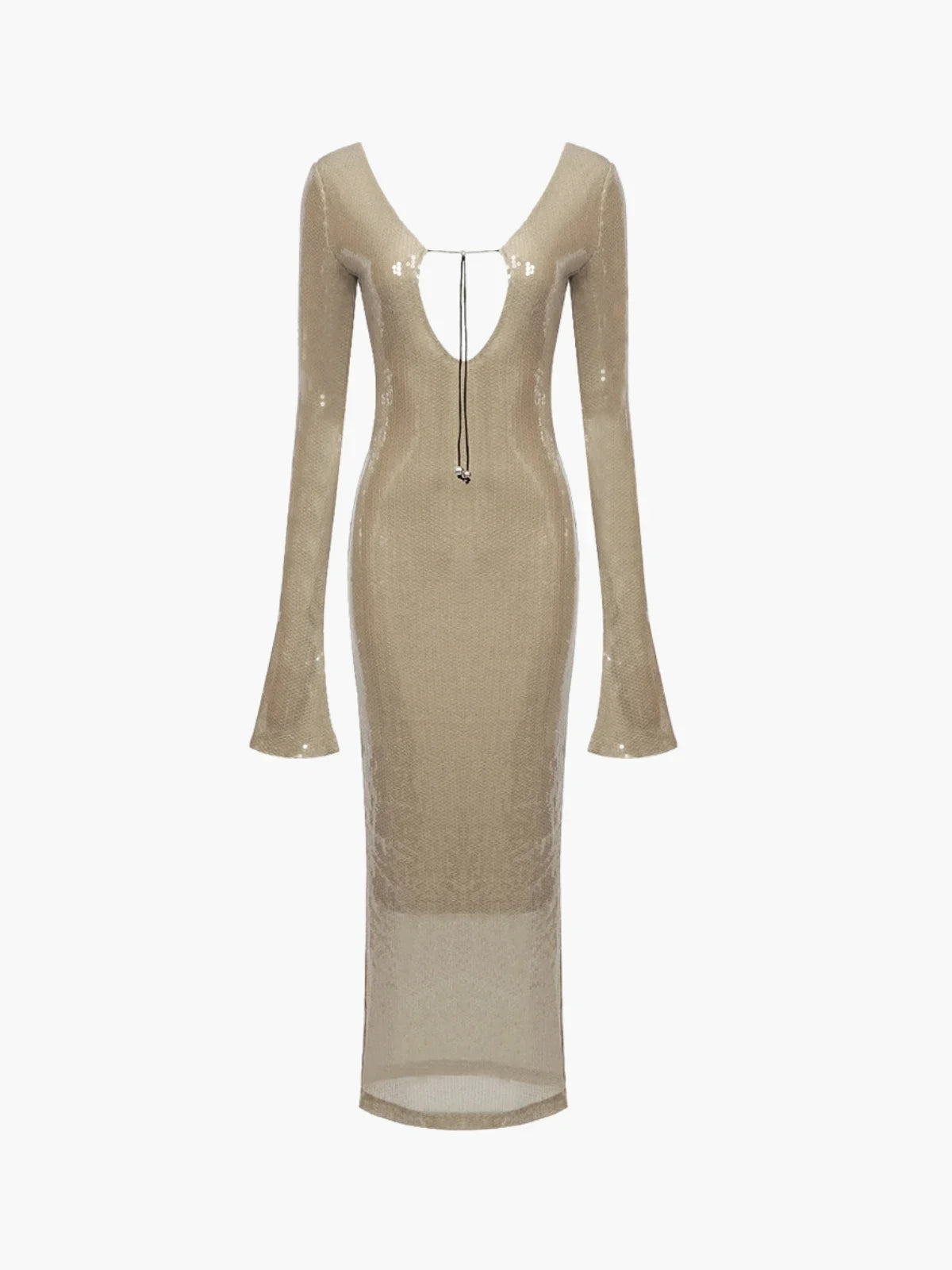 SUNA Langærmet Gennemsigtig Nude Paillet Bodycon Kjole Elegant