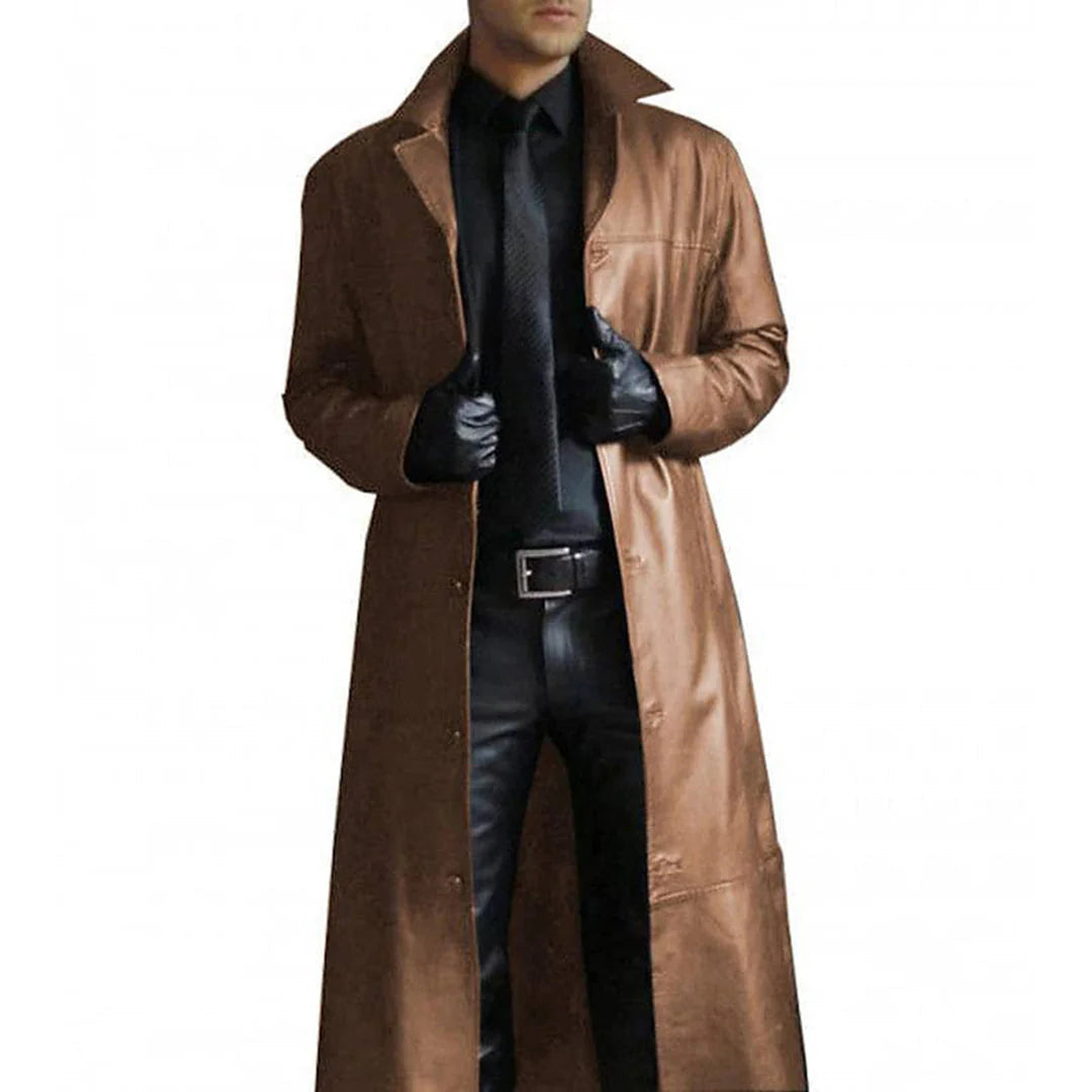 SUNA Lang Kunstlæder Vinterfrakke til Mænd - Trenchcoat-stil Kaki