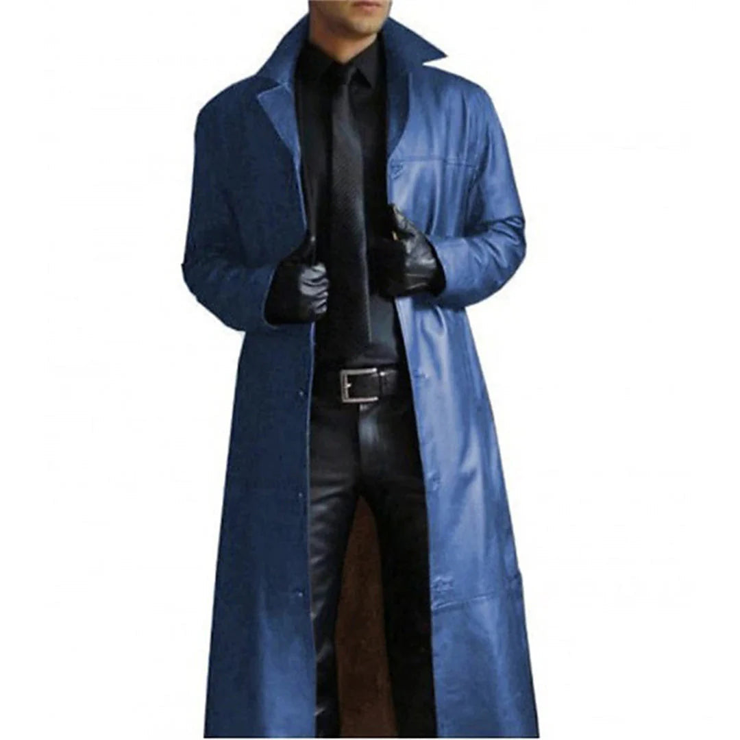 SUNA Lang Kunstlæder Vinterfrakke til Mænd - Trenchcoat-stil Blå