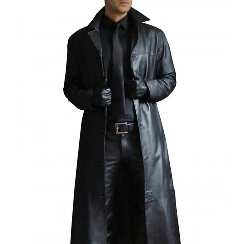SUNA Lang Kunstlæder Vinterfrakke til Mænd - Trenchcoat-stil Sort