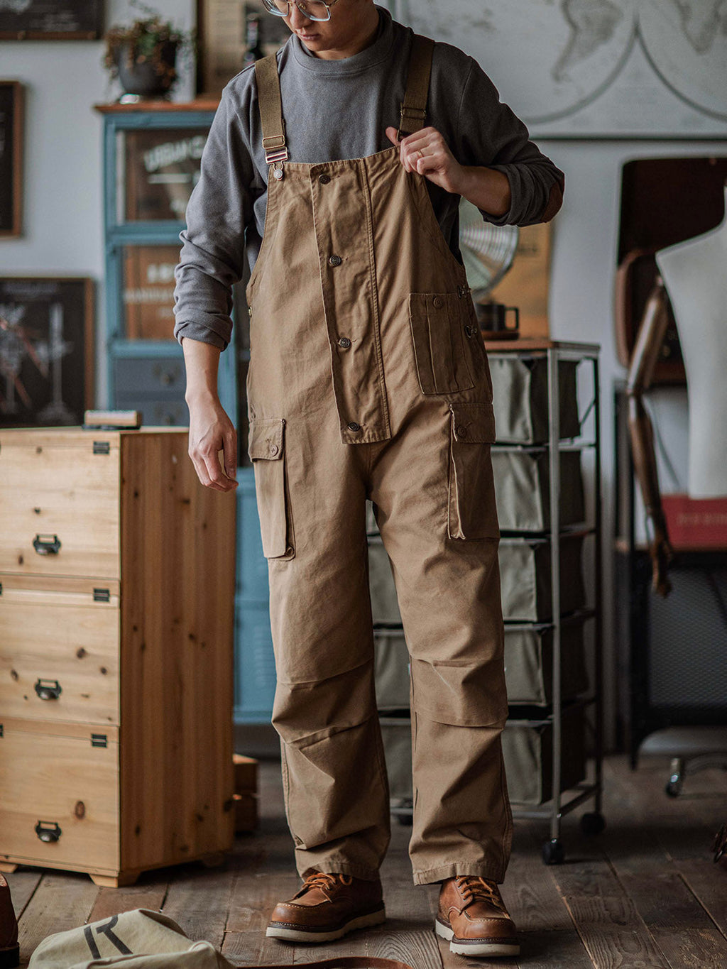 SUNA Herre Overalls Sort Størrelse M Slidstærkt Canvas Khaki