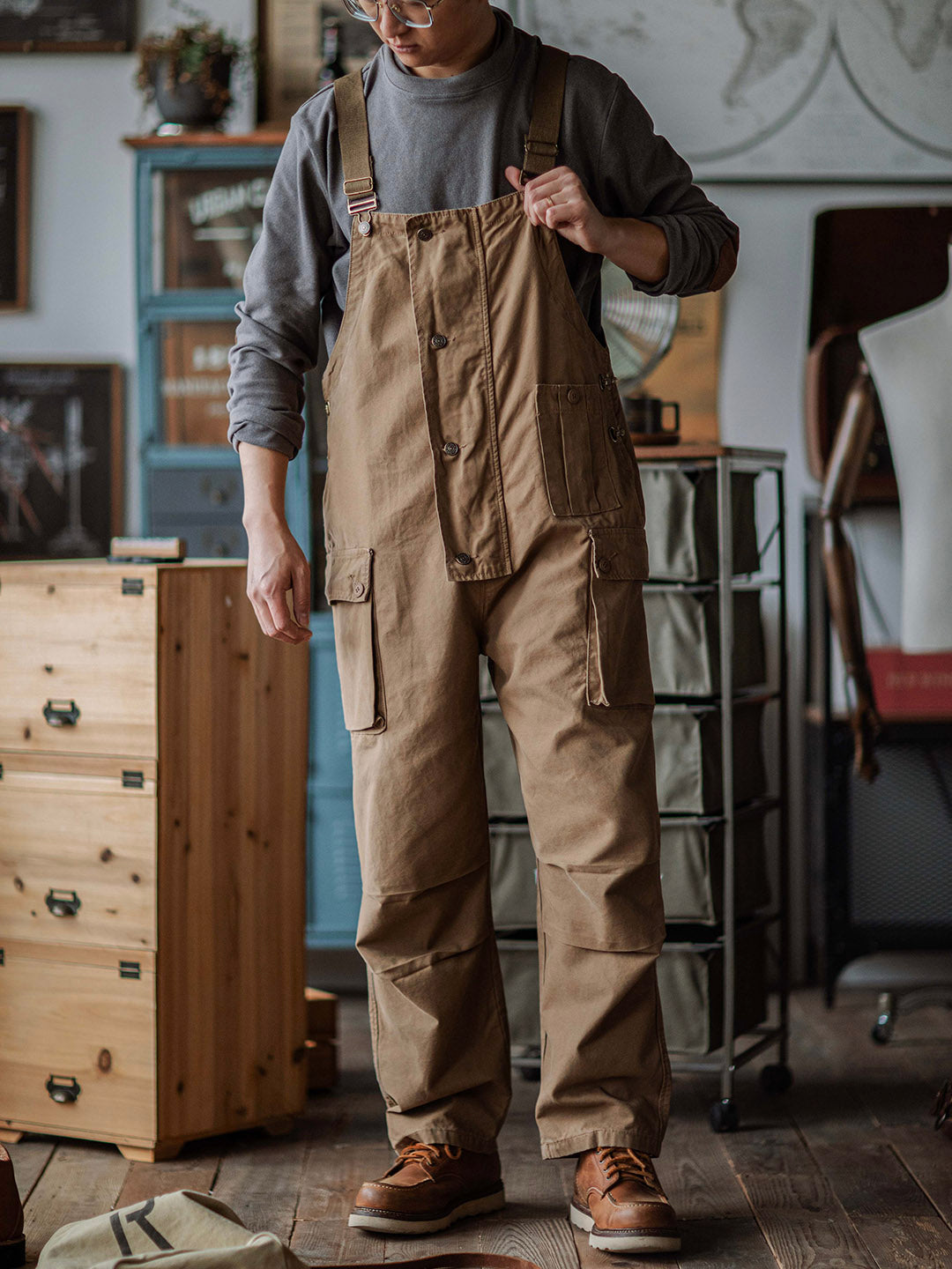 SUNA Herre Overalls Sort Størrelse M Slidstærkt Canvas Khaki