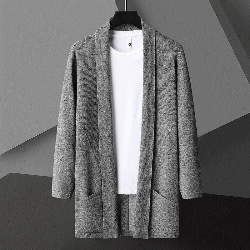 SUNA Herre Cardigan – Casual Åben Front Stribet Strik med Praktiske Sidelommer Grå