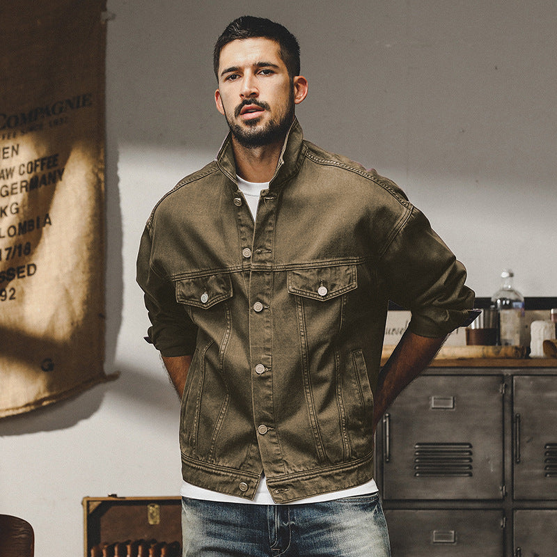 SUNA Herre Denim Jakke – Afslappet Pasform Med Knaplukning - Denim Jakke, Casual Tøj, Herremode, Stilfuld Ydertøj Militærgrøn