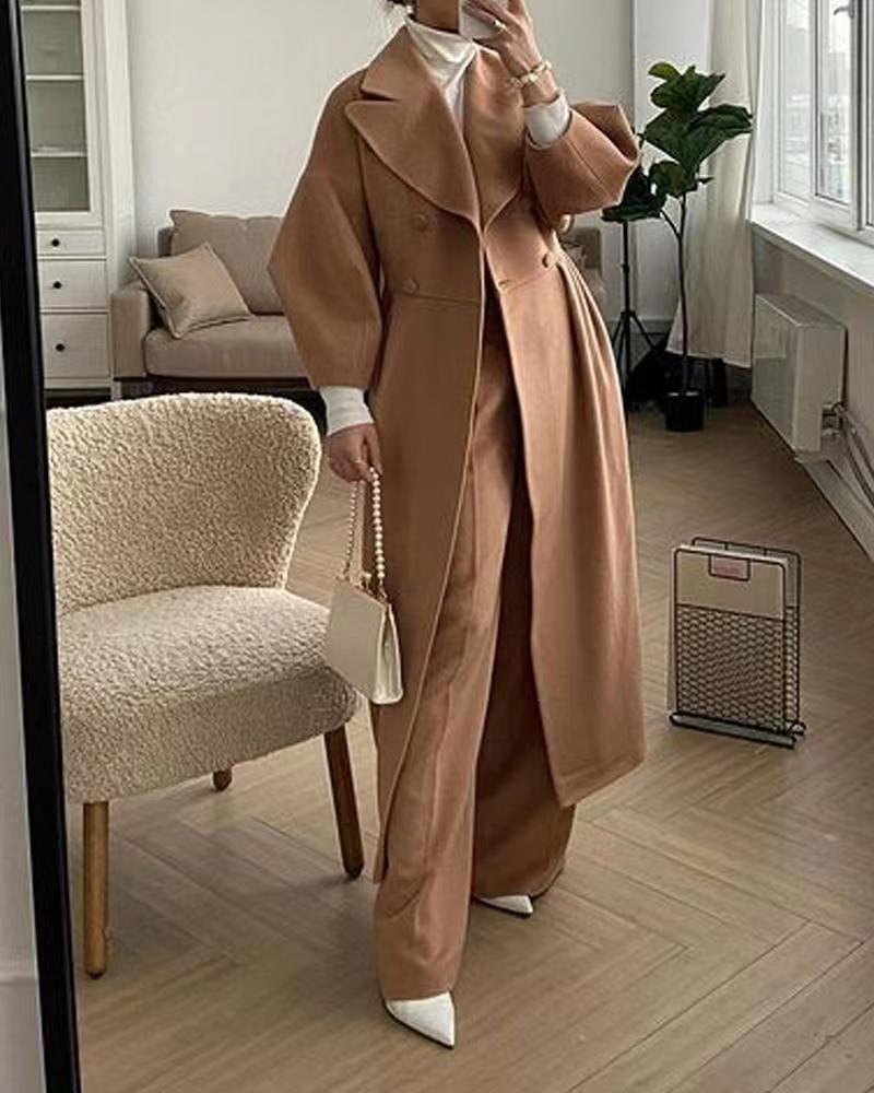 SUNA Dame Lang Vinterfrakke - Elegant silhuet med revers til hverdag Kamel