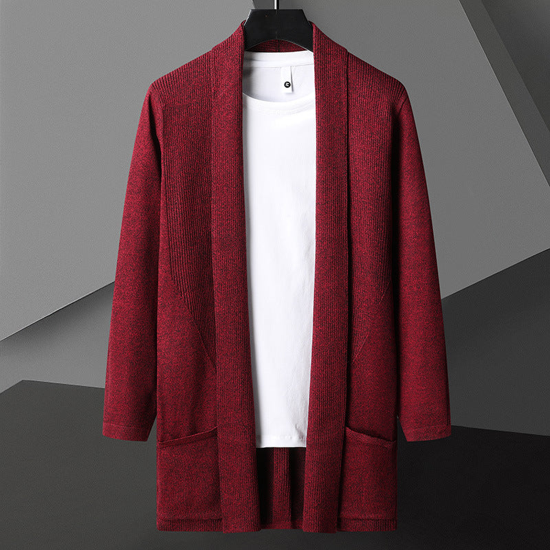 SUNA Herre Cardigan – Casual Åben Front Stribet Strik med Praktiske Sidelommer Rød