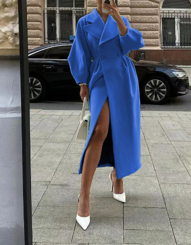 SUNA Dame Lang Vinterfrakke - Elegant silhuet med revers til hverdag Blå