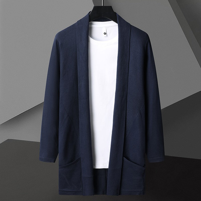 SUNA Herre Cardigan – Casual Åben Front Stribet Strik med Praktiske Sidelommer Marineblå