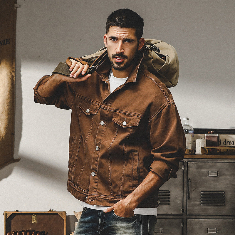 SUNA Herre Denim Jakke – Afslappet Pasform Med Knaplukning - Denim Jakke, Casual Tøj, Herremode, Stilfuld Ydertøj Kaffe