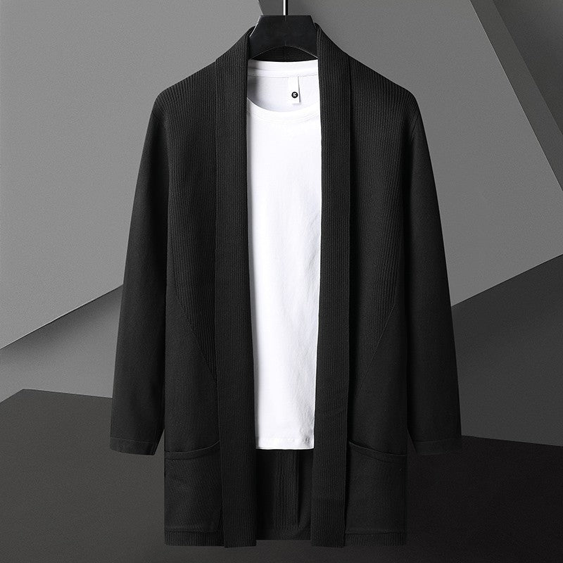 SUNA Herre Cardigan – Casual Åben Front Stribet Strik med Praktiske Sidelommer Sort