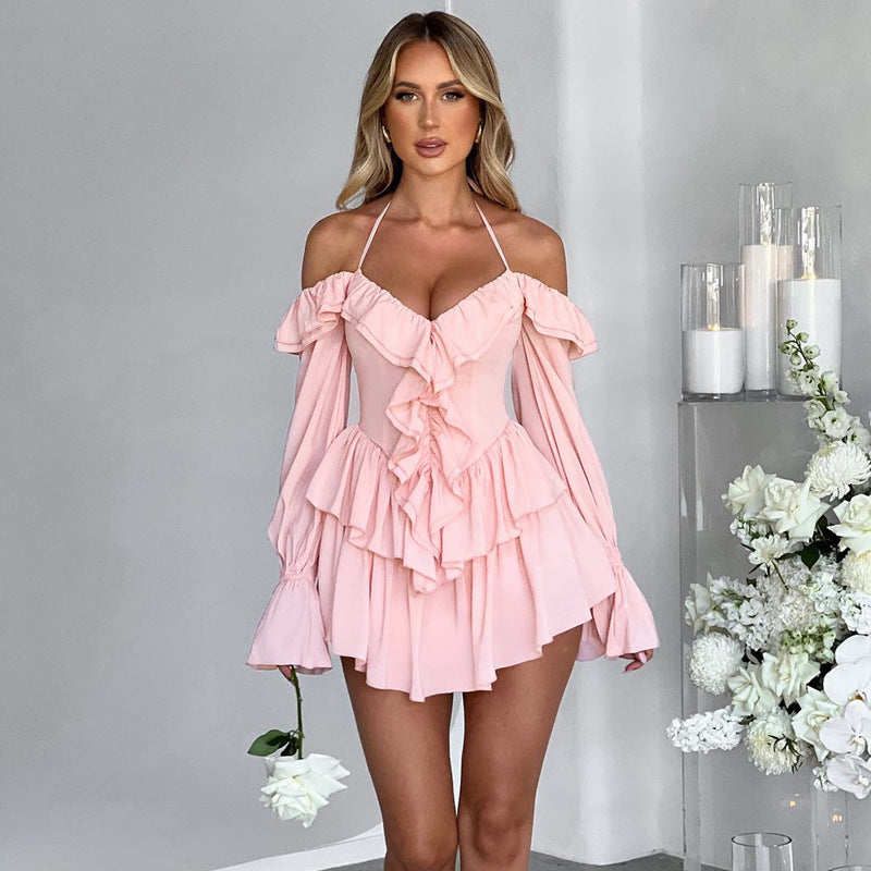 SUNA Kvinders Halterneck Romper – Chic Off Shoulder Design – Stilfuld Jumpsuit med Ruffle Front og Flowey Shorts Pink