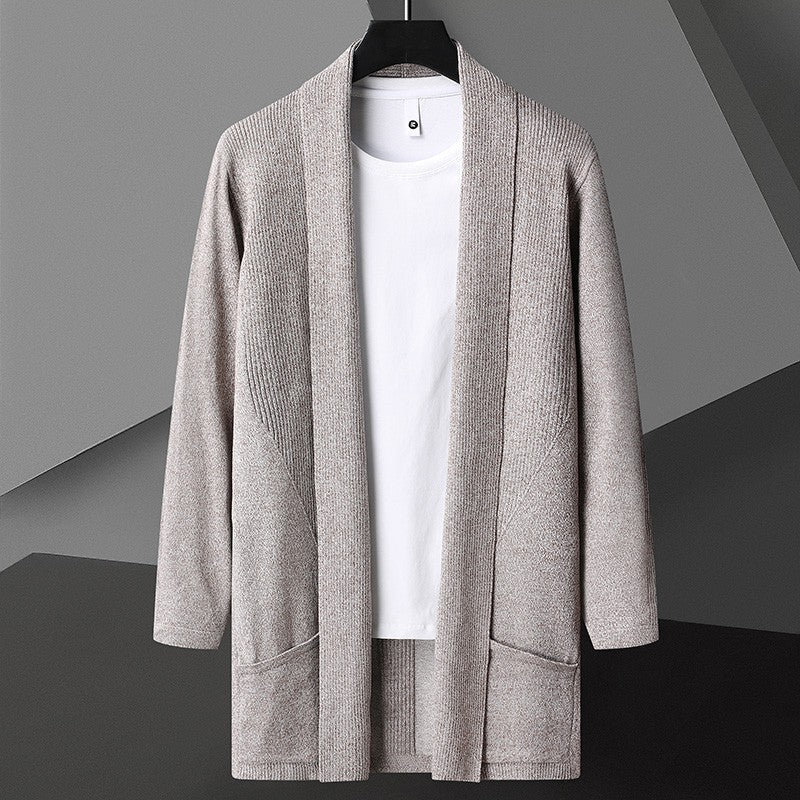 SUNA Herre Cardigan – Casual Åben Front Stribet Strik med Praktiske Sidelommer Beige