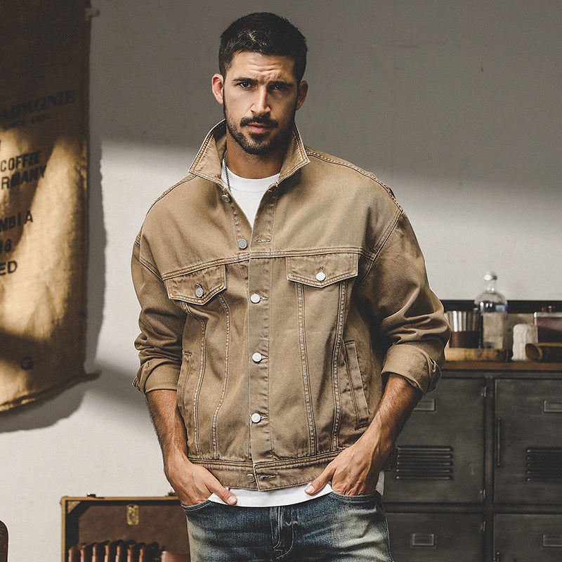 SUNA Herre Denim Jakke – Afslappet Pasform Med Knaplukning - Denim Jakke, Casual Tøj, Herremode, Stilfuld Ydertøj Khaki