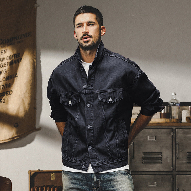 SUNA Herre Denim Jakke – Afslappet Pasform Med Knaplukning - Denim Jakke, Casual Tøj, Herremode, Stilfuld Ydertøj Sort