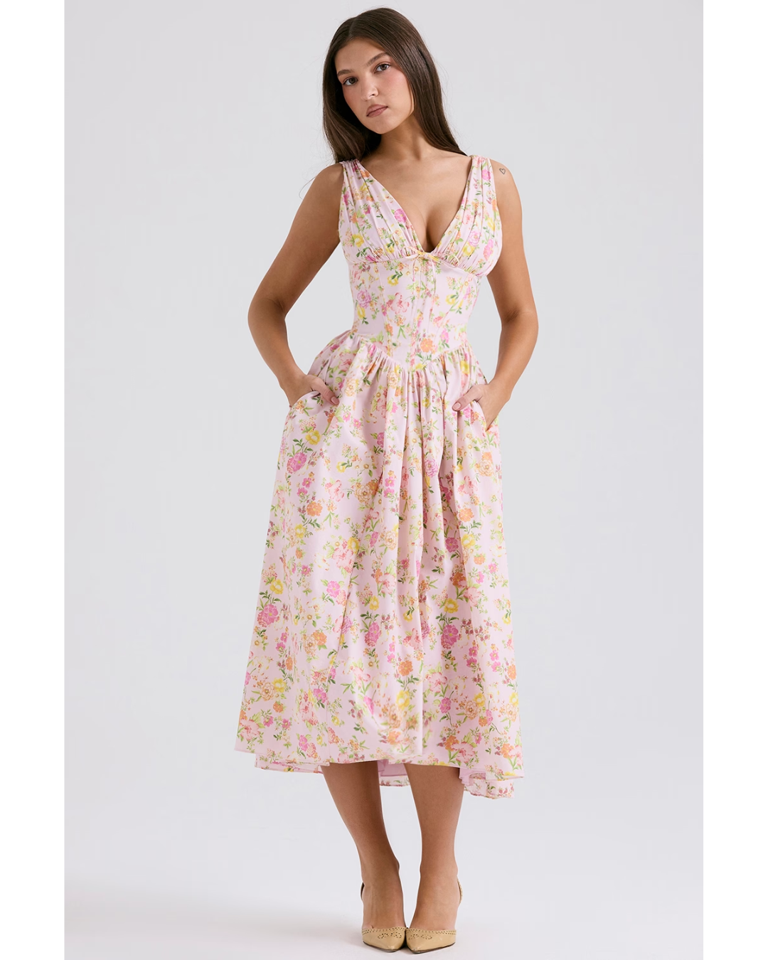 SUNA Rosie Tidløs Blomster Midi – Let og Luftig - Blomster Midi Pink blomster