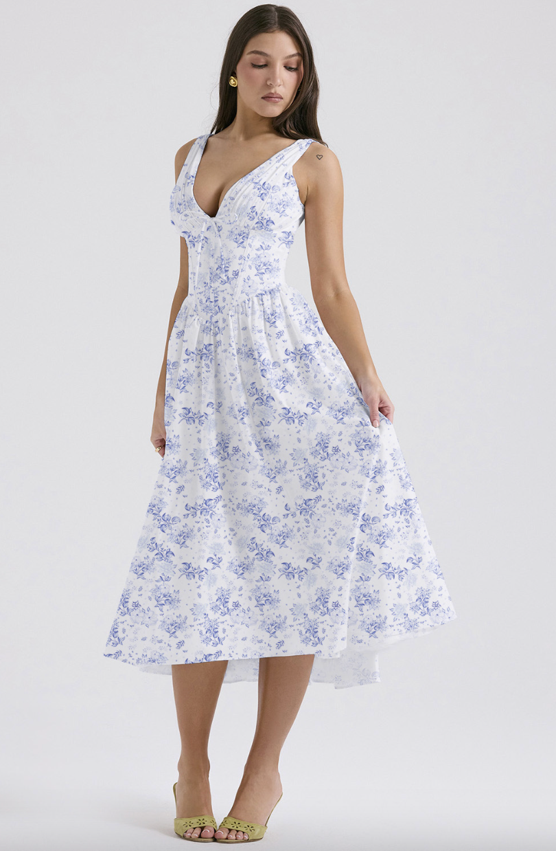 SUNA Rosie Tidløs Blomster Midi – Let og Luftig - Blomster Midi Blå blomster