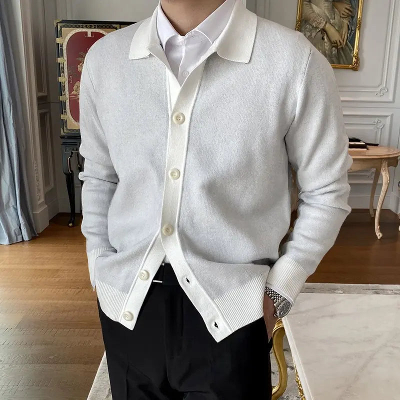 SUNA Herre Cardigan – “Felix Grant” Button-Up Stribet Striktrøje med Klassisk Look Hvid