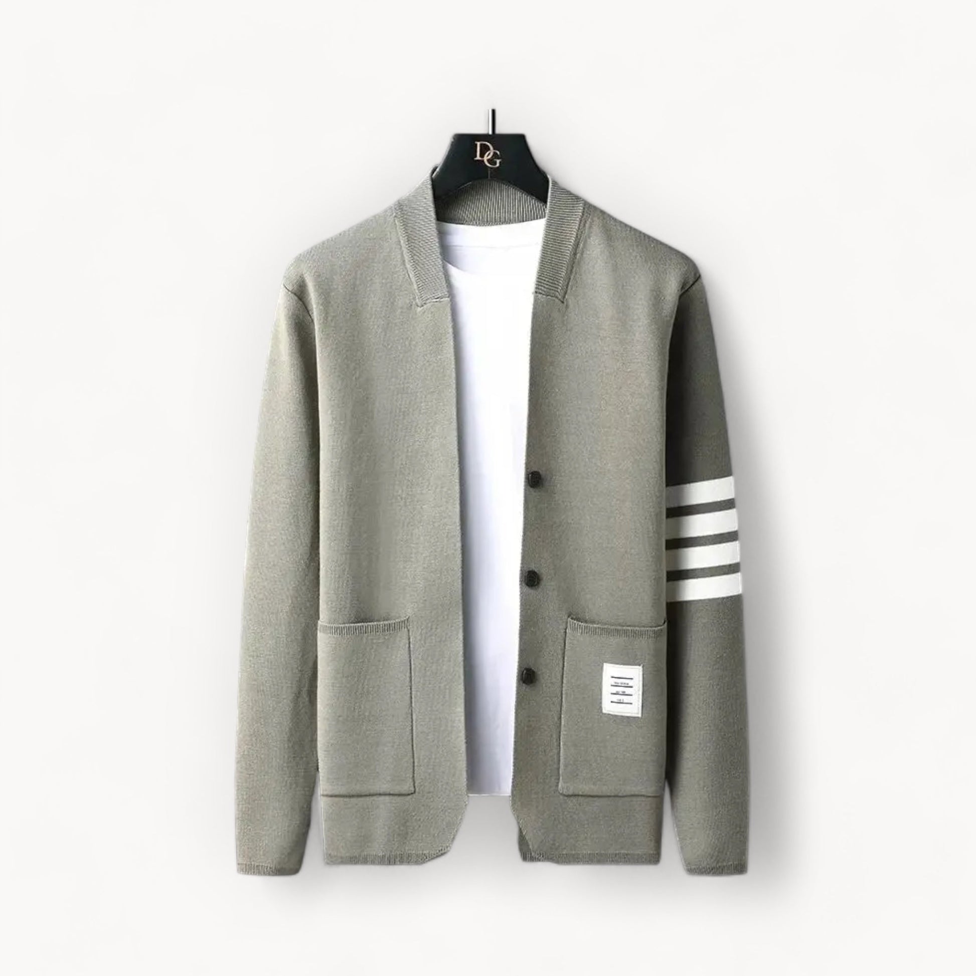 SUNA Herre Cardigan – Blød Stribet Strik med Lange Ærmer og Komfortabel Pasform Beige