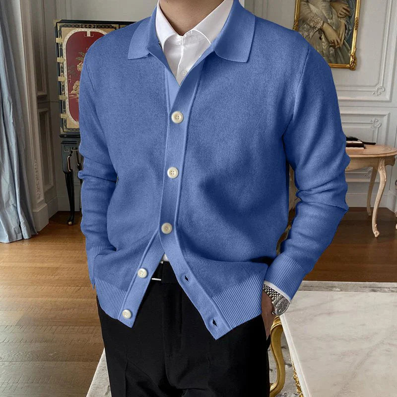 SUNA Herre Cardigan – “Felix Grant” Button-Up Stribet Striktrøje med Klassisk Look Blå