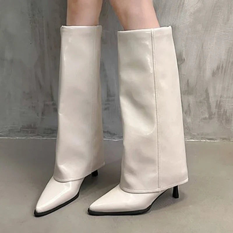 SUNA Dame Knæhøje Støvler – Glinsende Trendy Støvler til Fest og Modelooks Off-white