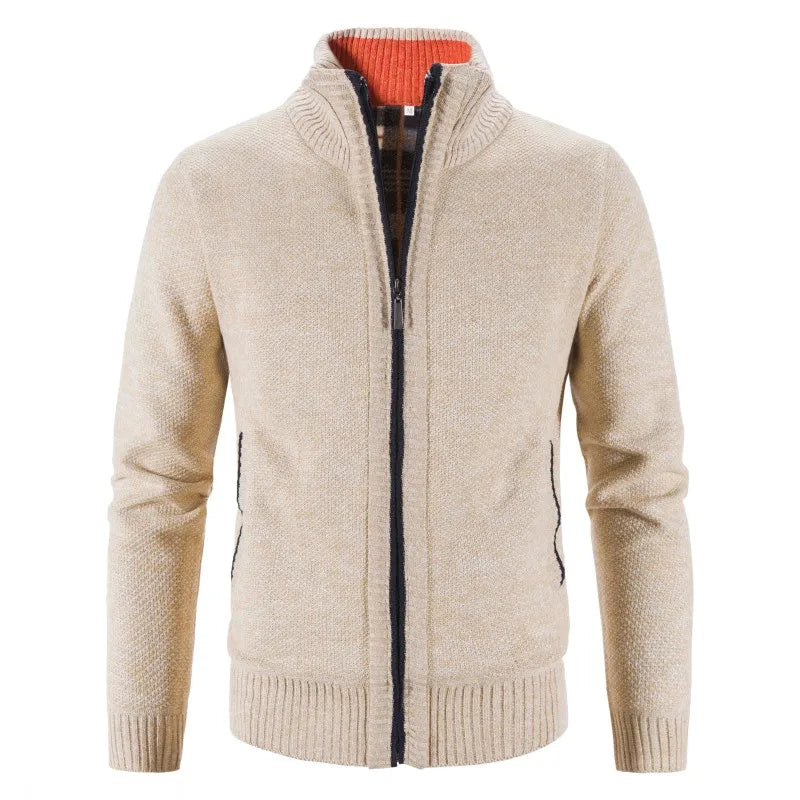 SUNA Herre Cardigan – Efterårs og Vinter Stribet Strik med Ståkrave Khaki