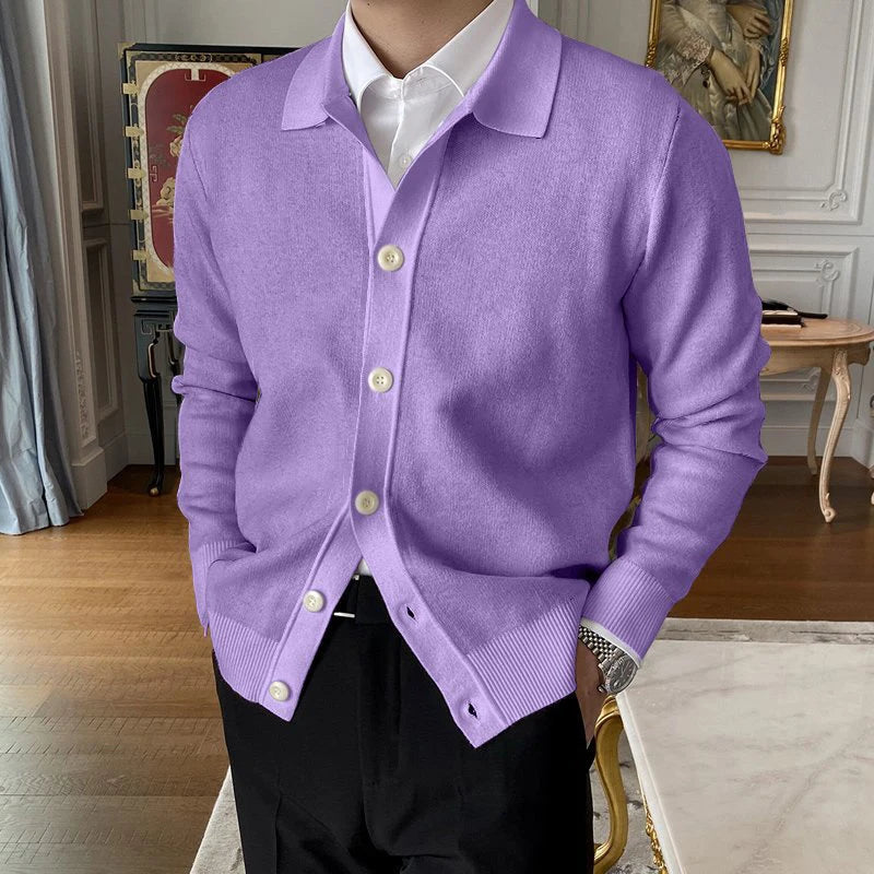 SUNA Herre Cardigan – “Felix Grant” Button-Up Stribet Striktrøje med Klassisk Look Lilla