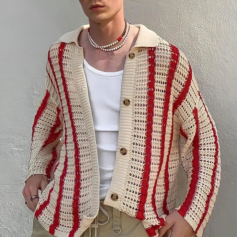 SUNA Herre Cardigan – Bohemisk Vintage Stribet Strik i Beige med Røde Detaljer