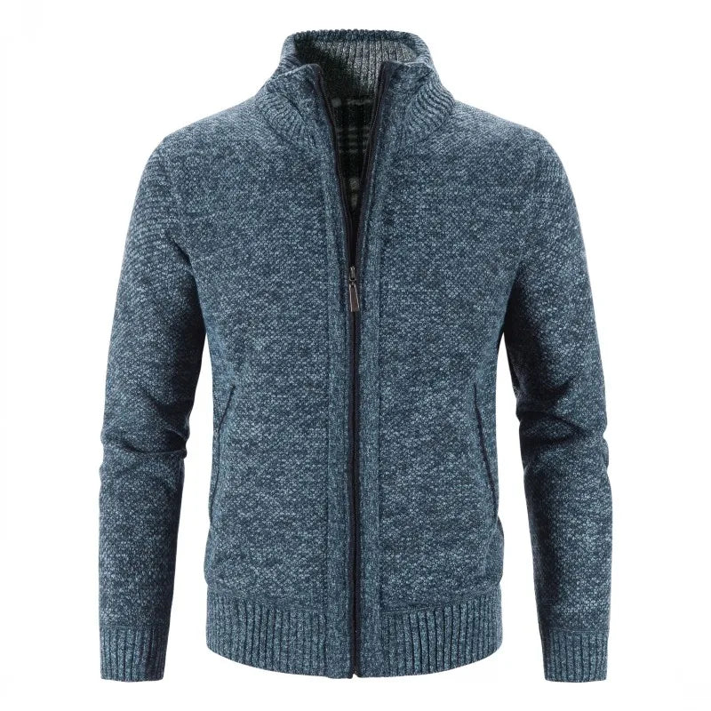 SUNA Herre Cardigan – Efterårs og Vinter Stribet Strik med Ståkrave Blå