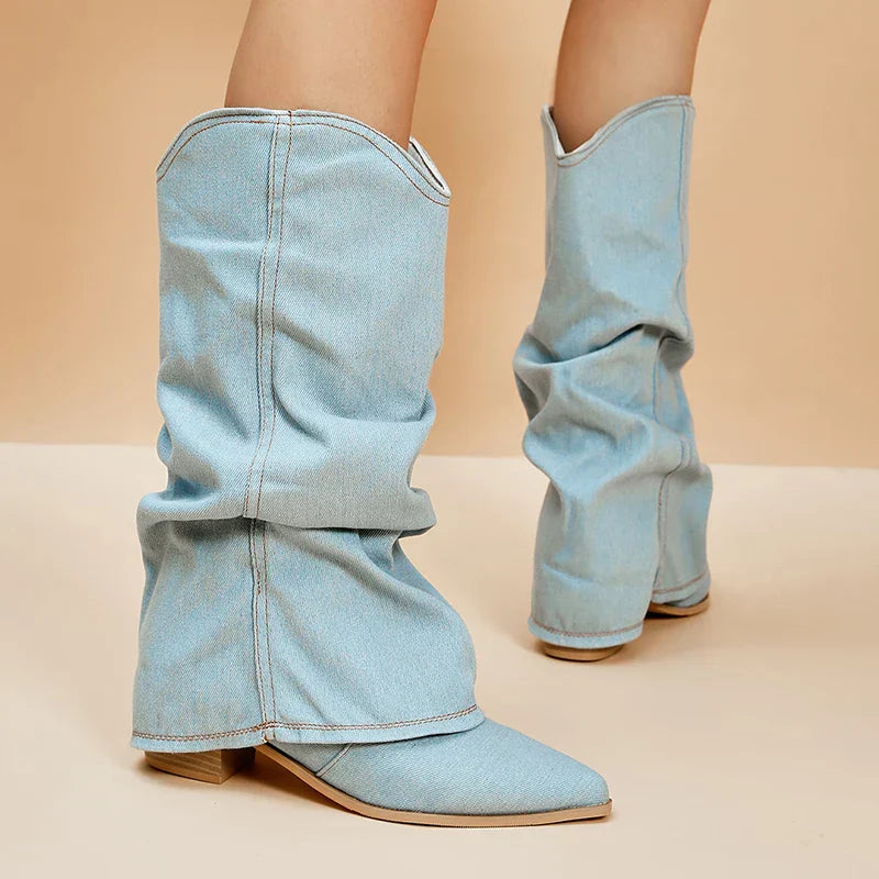 SUNA Knæstøvler Denim Til Damer Komfortable Med Edgy Detaljer