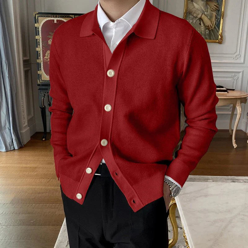 SUNA Herre Cardigan – “Felix Grant” Button-Up Stribet Striktrøje med Klassisk Look Rød