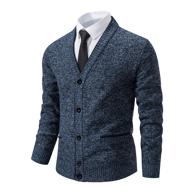 SUNA Herre V-Hals Cardigan – Casual Stribet Strikket Trøje til Hverdagsbrug Blå-grå