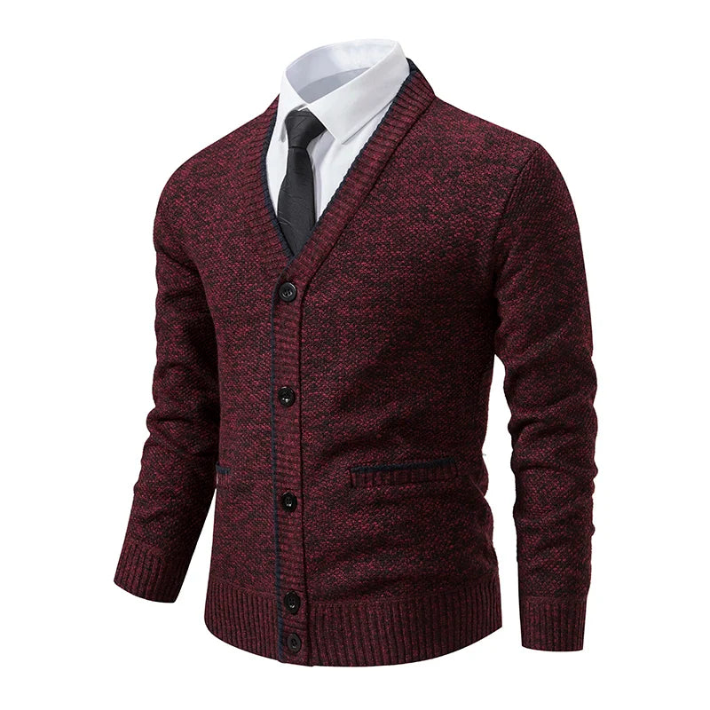 SUNA Herre V-Hals Cardigan – Casual Stribet Strikket Trøje til Hverdagsbrug Vinklarød