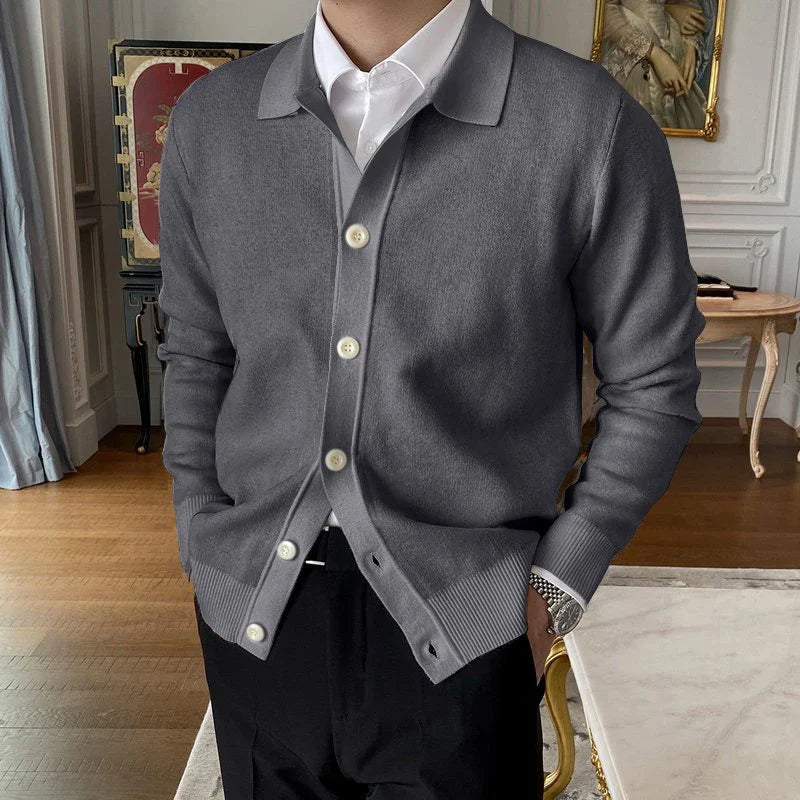 SUNA Herre Cardigan – “Felix Grant” Button-Up Stribet Striktrøje med Klassisk Look Mørkegrå
