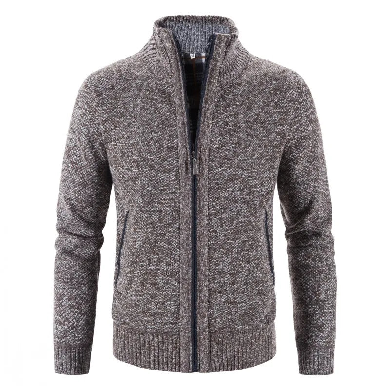 SUNA Herre Cardigan – Efterårs og Vinter Stribet Strik med Ståkrave Kaffe