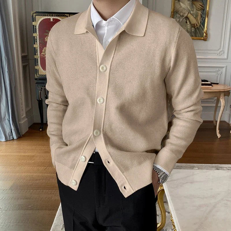 SUNA Herre Cardigan – “Felix Grant” Button-Up Stribet Striktrøje med Klassisk Look Khaki